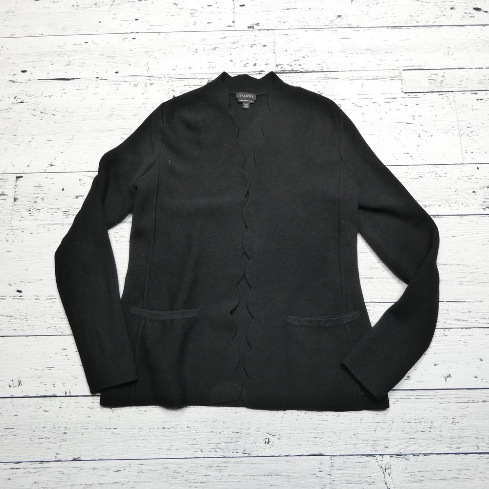 Talbots Sweater‎ Womens XS Black Merino Wool Scallop Edge Open Cardigan Pockets